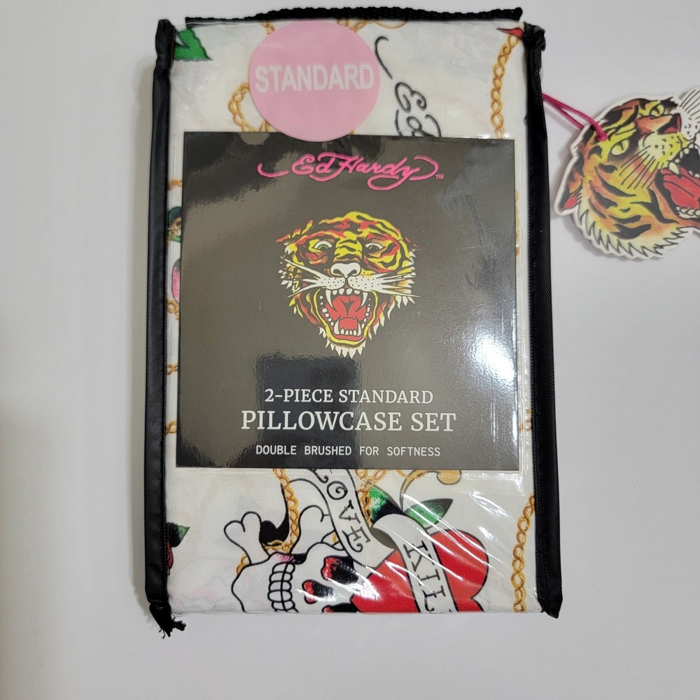 Ed Hardy 2 Piece Standard Pillowcase Set Tattoo Tiger Skull Gold Chain White NEW